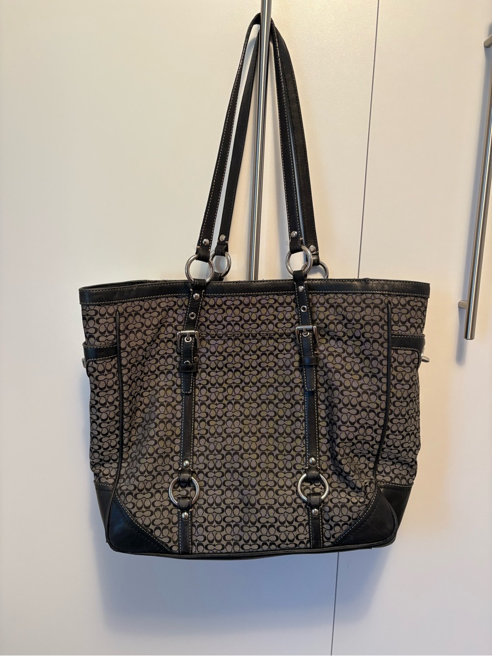 Coach Brown and Black Signature Canvas Tote with Leather Trim